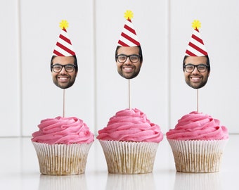 Picture Photo Face Cupcake Toppers/ Personalised Funny Happy Birthday/ Hen Party Weekend/ Stag Groom Photo/ Party Cake Hats Heart Glasses