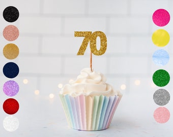 Adornos brillantes para cupcakes con el número setenta (15 colores) para celebrar el 70.º aniversario, un hito brillante en tu fiesta de cumpleaños o para decorar eventos empresariales.