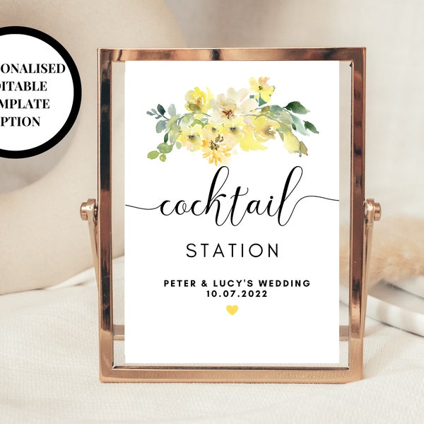 Editable Yellow Floral Cocktail Station Sign/ Yellow Roses Floral Wedding Day Reception Drinks Shot Alcohol Bar/ Pimp Your Prosecco Bar Sign