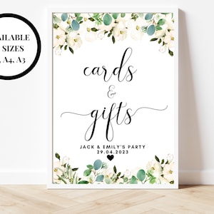 Signe personnalisé de cartes et de cadeaux/ Signe de cartes et de cadeaux de douche nuptiale/ Signe de cartes et de cadeaux floraux d'eucalyptus de verdure/ Mariage/ Partie de poule