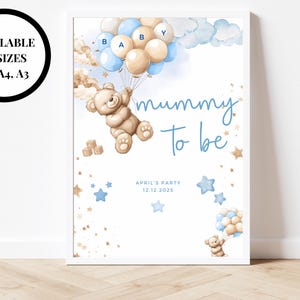 Placa de chá de bebê para mamãe/cartaz de urso neutro personalizado para revelação do sexo do bebê/podemos esperar com força/decoração de festa com balões azuis para meninos