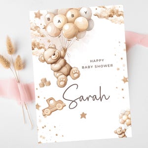 Carte Happy Baby Shower / Sexe personnalisé pour baby shower / Carte We Can Bearly Wait Mummy to Be / Nouveau bébé ballons ours brun