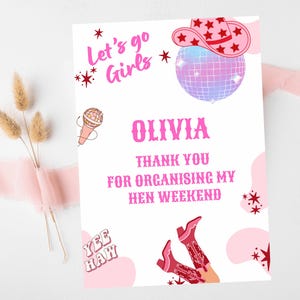 Tarjeta de agradecimiento por organizar mi despedida de soltera/ Tarjeta de despedida de soltera personalizada con temática de discoteca Last Rodeo/ Tarjeta de regalo Let's Go Girls Nashville/Nash Bash Country
