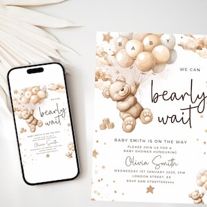 Gepersonaliseerde genderneutrale baby showeruitnodiging met beer/gedrukt of digitaal We Can Bearly Wait Mummy to Be/bruine beer ballonnen neutrale beer