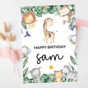 Giraffe Happy Birthday Card/ Safari Theme Birthday Greetings Cards/ Childrens Birthday Party/ Jungle Animals Lion/ King of the Jungle Card