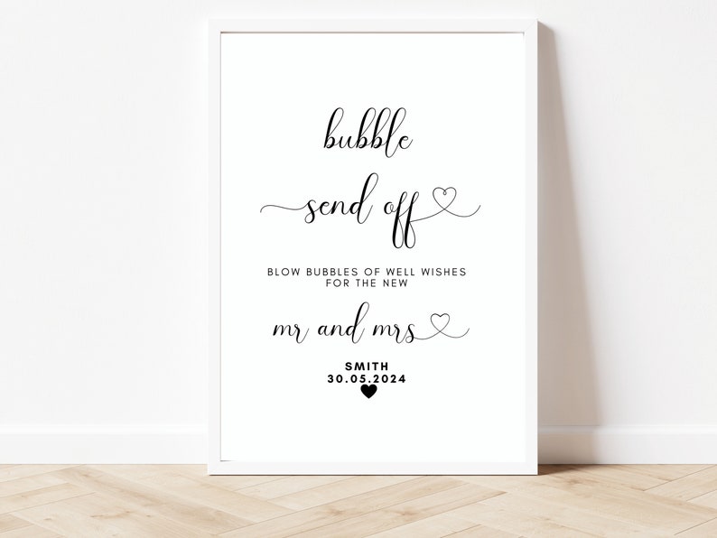 Puede incluir: Un cartel imprimible en blanco y negro que dice "bubble send off" con un s&iacute;mbolo de coraz&oacute;n. Tambi&eacute;n dice "Blow bubbles of well wishes for the new Mr. and Mrs. Smith 30.05.2024" con un s&iacute;mbolo de coraz&oacute;n.