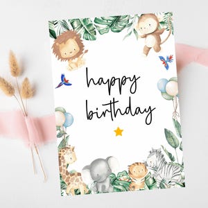 Alles Gute zum Geburtstag Party Karte/ Safari Thema Geburtstagsgrüße/ Kindergeburtstagsparty/ Dschungeltiere/ Wilder König des Dschungels Geburtstag