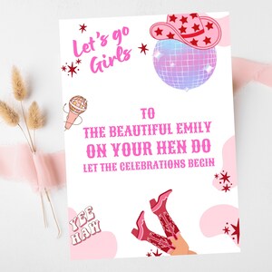Che i festeggiamenti abbiano inizio/Ultimo rodeo personalizzato Disco Hen Party/Andiamo ragazze Nashville/Nash Bash Country Gifts biglietto di auguri