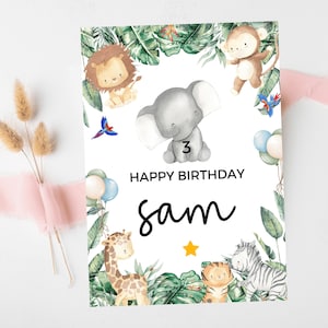 Elephant Happy Birthday Card/ Safari Theme Birthday Greetings Cards/ Childrens Birthday Party/ Jungle Animals Lion/ King of the Jungle Card