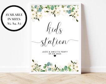 Kids Activity Sign (A5, A4, A3)/ Personalised Greenery Floral Wedding Fun Kids Activity Colouring Book Table Party Poster/ Eucalyptus