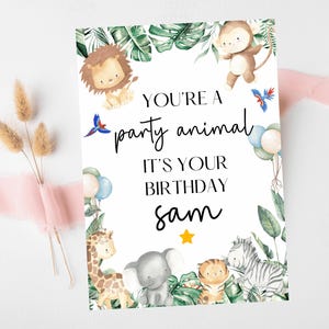 Youre a Party Animal Happy Birthday Card/ Safari Theme Birthday Greeting Cards/ Childrens Birthday Party/ King of the Jungle Animals