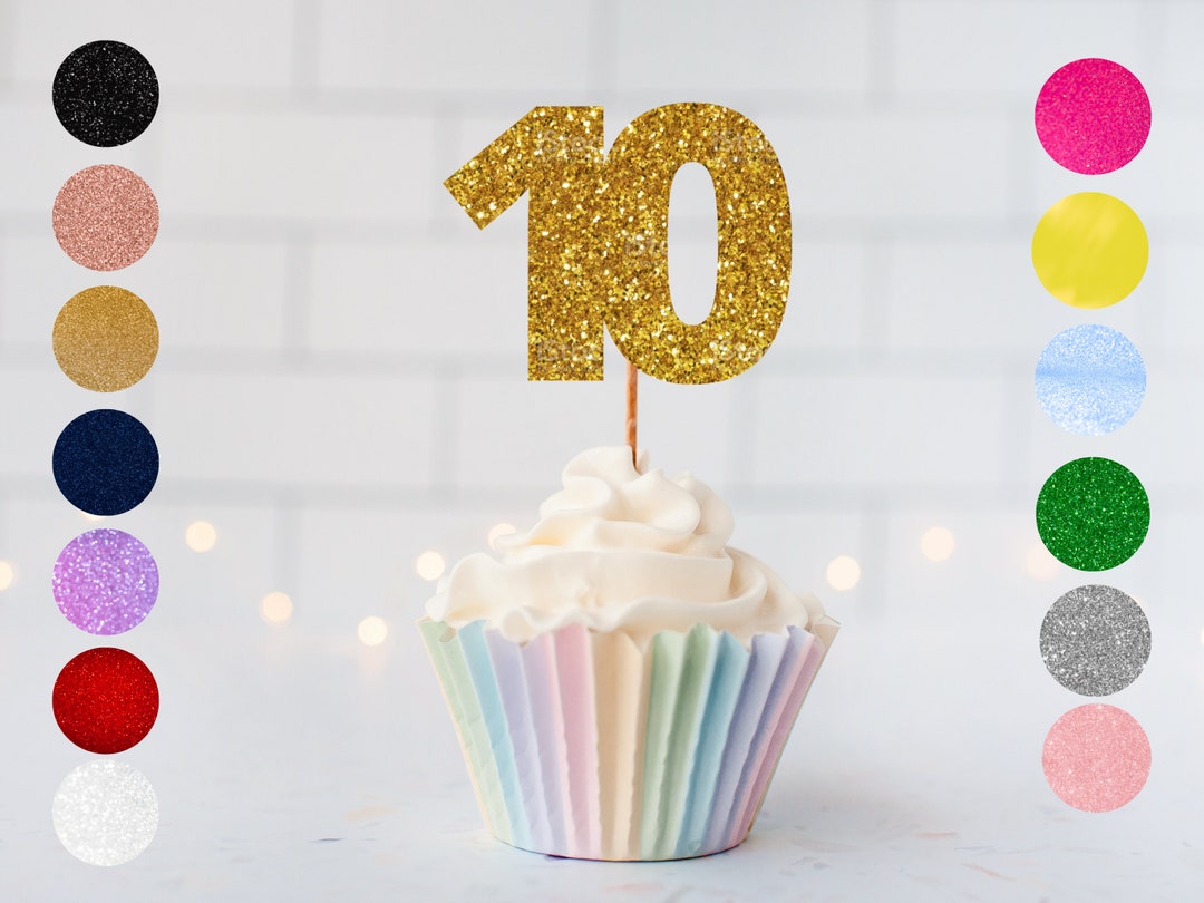 Number Ten Cupcake Glitter Toppers (15 Colours)/ 10th Wedding ...