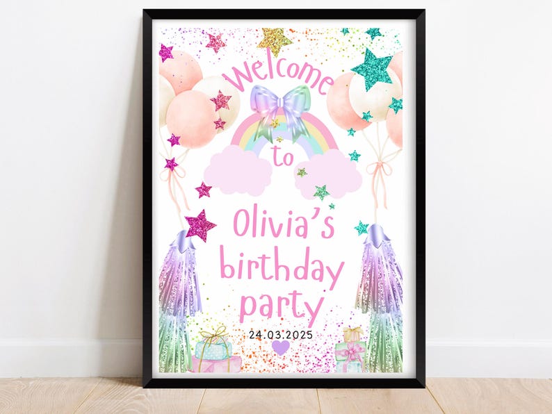 Puede incluir: Un cartel de bienvenida rosa y blanco con un arco&iacute;ris, estrellas y globos. El texto dice "Bienvenido a la fiesta de cumplea&ntilde;os de Olivia 24.03.2025".