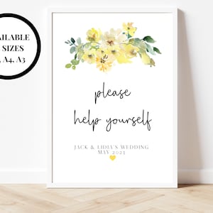 Gepersonaliseerde gele bloemen help jezelf teken/gele rozen bloemen bruiloft gast receptie help jezelf poster/help jezelf teken