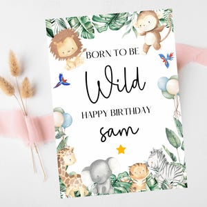 Born to Be Wild Happy Birthday Card/ Safari Theme Birthday Greetings Cards/ Childrens Birthday Party/ Jungle Animals/King of the Jungle Card