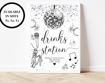 May include: Black and white printable sign with a disco ball, microphone, and rings. The sign says "drinks station" and includes the text "Emma's Hen Party, Brighton, June 2023".