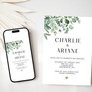 Faire-part de mariage personnalisé en eucalyptus/ Faire-part de réception en soirée/ Faire-part de mariage vert botanique/ Faire-part de mariage avec enveloppes