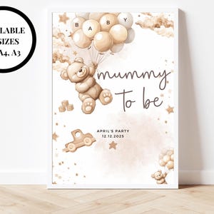 Placa de chá de bebê para mamãe/cartaz de revelação de gênero personalizado de urso neutro/podemos esperar/decoração de festa com balões marrons