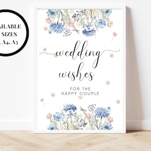 Panneau Souhaits de mariage pour l'heureux couple / Affiche du livre d'or du lieu de réception de mariage à thème bleu / Cadeaux de mariage pour jeunes mariés / Panneau boîte à cartes