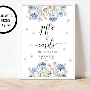 Signez ici les cadeaux et les cartes/Affiche de réception de mariage à thème bleu/Affiche d'invité au mariage/Cadeaux/Enseigne de boîte à cartes
