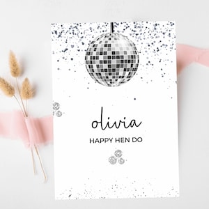 Happy Hen Do Card/Gepersonaliseerde zilveren discobal vrijgezellenfeest wenskaart/Team bruid vrijgezellenfeest/Laatste disco vrijgezellenkaart