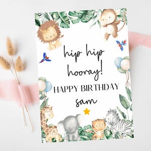 Hip Hip Hooray Happy Birthday Card/ Safari Theme Birthday Greetings Cards/ Childrens Birthday Party/ Jungle Animals/ King of the Jungle Card