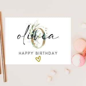 Monogram initiële naam Happy Birthday Card / gepersonaliseerde bloemen groen Eucalyptus naam datum locatie hart kaart voor Bestie/hem/haar/partner