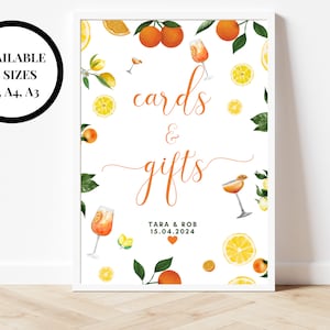 Enseigne pour cartes et cadeaux/Affiche pour boîte d'invités de réception de mariage/Citrons d'été Oranges Cadeaux de style méditerranéen/italien Fonds de cadeaux de lune de miel