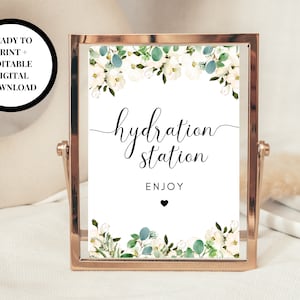 Editable Hydration Station Sign/ Greenery Floral Water Refreshments Drinks Sign/ Eucalyptus Wedding Reception Party Drink Sign/ Water Bottle
