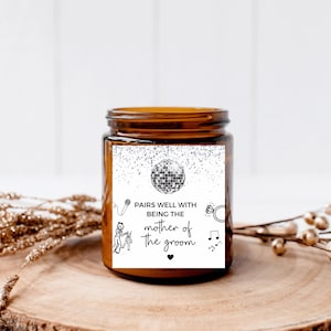 S'associe bien avec l'étiquette de bougie « Être la mère du marié » / Cadeau personnalisé pour bougies de fête d'anniversaire de jeune fille boule disco argentée / Sticker pour la douche nuptiale