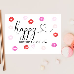 Happy Birthday Card/ Personalised Kisses Pink Lilac Red Birthday Card for Him Her Wife Husband Best Friend Happy Birthday Party Gift/ Decor