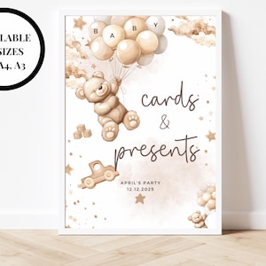 Panneau baby shower pour cartes et cadeaux/ Poster ours neutre révélateur de genre personnalisé/ Jeux de société We Can Bearly Wait/ Décoration ballons marron