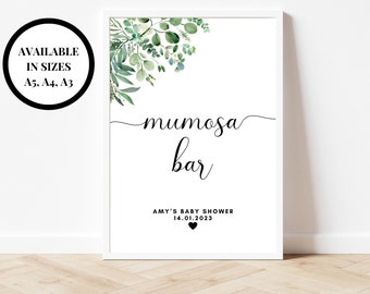 Mumosa Bar Sign (A5, A4, A3)/ Personalised Baby Shower Drinks/ Floral Greenery Eucalyptus Party Sign for Mocktails/Gender Reveal Mummy to Be