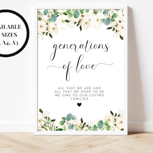 Personalised Generations of Love Sign/ Greenery Floral Wedding All That We Are and All That We Hope to Be We Owe to Our Loving Families Sign