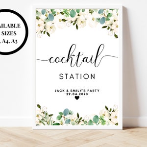 Signo de estación de cóctel personalizado / Cartel de cóctel de barra de bebidas florales / Cartel de estación de cóctel de despedida de soltera de eucalipto / Fin de semana de despedida de soltera