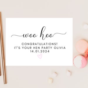 Félicitations Woo Hoo, c'est votre carte d'enterrement de vie de jeune fille / mariée personnalisée Shower de mariée / EVJF / Carte de week-end EVJF coeur rose coeur rose