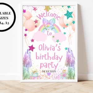 Letrero de bienvenida (A5, A4, A3)/ Globos arcoíris rosas personalizados con temática pastel y estrella/ Impresión colorida para cumpleaños de niñas y adolescentes/ Fiesta de cumpleaños imagen 1
