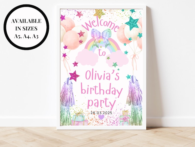 Letrero de bienvenida (A5, A4, A3)/ Globos arcoíris rosas personalizados con temática pastel y estrella/ Impresión colorida para cumpleaños de niñas y adolescentes/ Fiesta de cumpleaños imagen 1