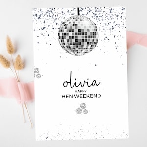 Carte de week-end heureux entre poules/carte de voeux argentée personnalisée pour enterrement de vie de jeune fille disco avec boule disco/équipe de mariée douche nuptiale/dernière carte disco enterrement de vie de jeune fille