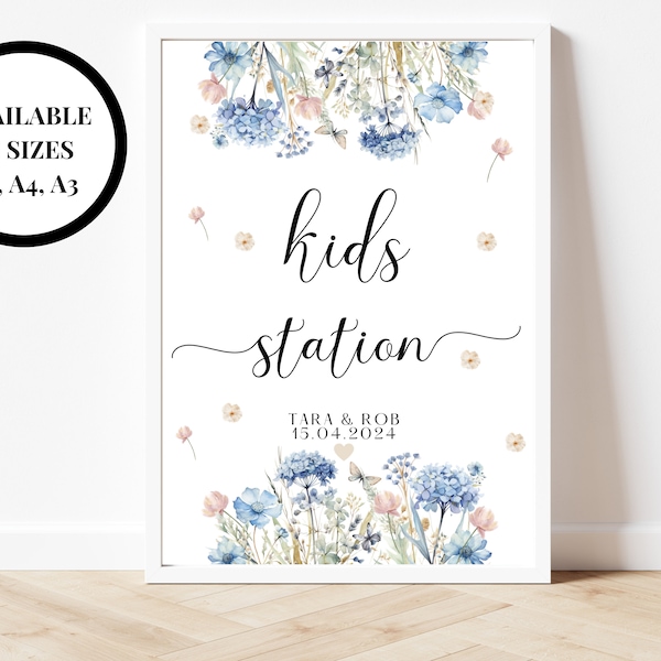 Kids Station Sign/ Personalised Childrens Activity Games Pack Poster/ Custom Blue Theme Wedding Reception/ Keepsake Floral Pastel Neutral