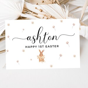 Tarjeta personalizada de Feliz 1.ª Pascua/Conejitos de Pascua florales/Conejo con lazo amarillo/Tarjeta de felicitación de Pascua/Tarjeta linda para Pascua/Tarjeta para el primer bebé
