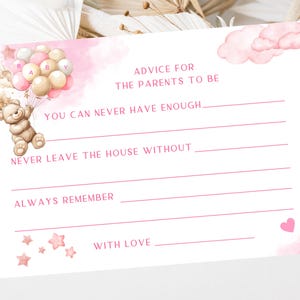 Tarjetas con consejos para futuros padres/ Recuerdo para futura mamá en baby shower/ Juegos con chispas de osito de peluche rosa para niña/ Tarjetas de recuerdo para fiestas
