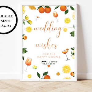 Schild „Hochzeitswünsche für das glückliche Paar“/Zitrusspritzer Frühling Sommer Zitronen Orangen Mittelmeer/Hochzeitsgastspiel-Poster im italienischen Stil