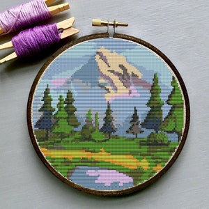 Landscape Cross Stitch Pattern, tree, river counted cross stitch chart, mountains cross stitch , nature, hoop art, embroidery, instant PDF