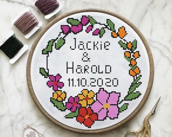 Custom wedding cross stitch pattern Geometric floral wreath bridal shower engagement counted Cross Stitch Pattern rustic, anniversary