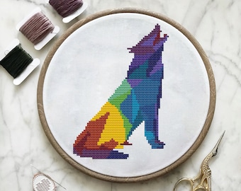 Wolf Silhouette - Easy Cross Stitch Pattern PDF, WOlf cross stitch pattern 2020, Modern animal cross stitch,Geometric,rainbow,Cross stitch