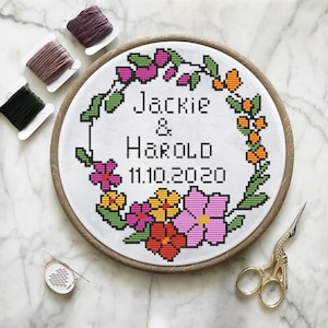 Custom wedding cross stitch pattern Geometric floral wreath bridal shower engagement counted Cross Stitch Pattern rustic, anniversary