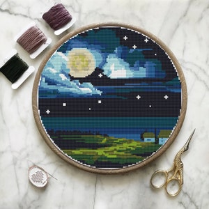 Landscape Modern Cross Stitch Pattern PDF, Mountains Counted Cross Stitch Chart, Nature Forest River Trees, Hoop Embroidery Instant Download