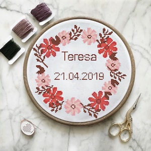Florals birth announcement cross stitch pattern floral baby girl nursery personalized custom - Cross Stitch Pattern (Digital Format - PDF)