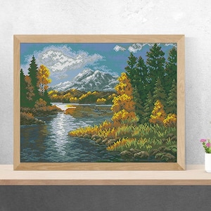 Rocky Mountain national park Modern Cross Stitch Pattern, nature counted cross stitch chart, landscape, lake, mountains, forest, instant PDF